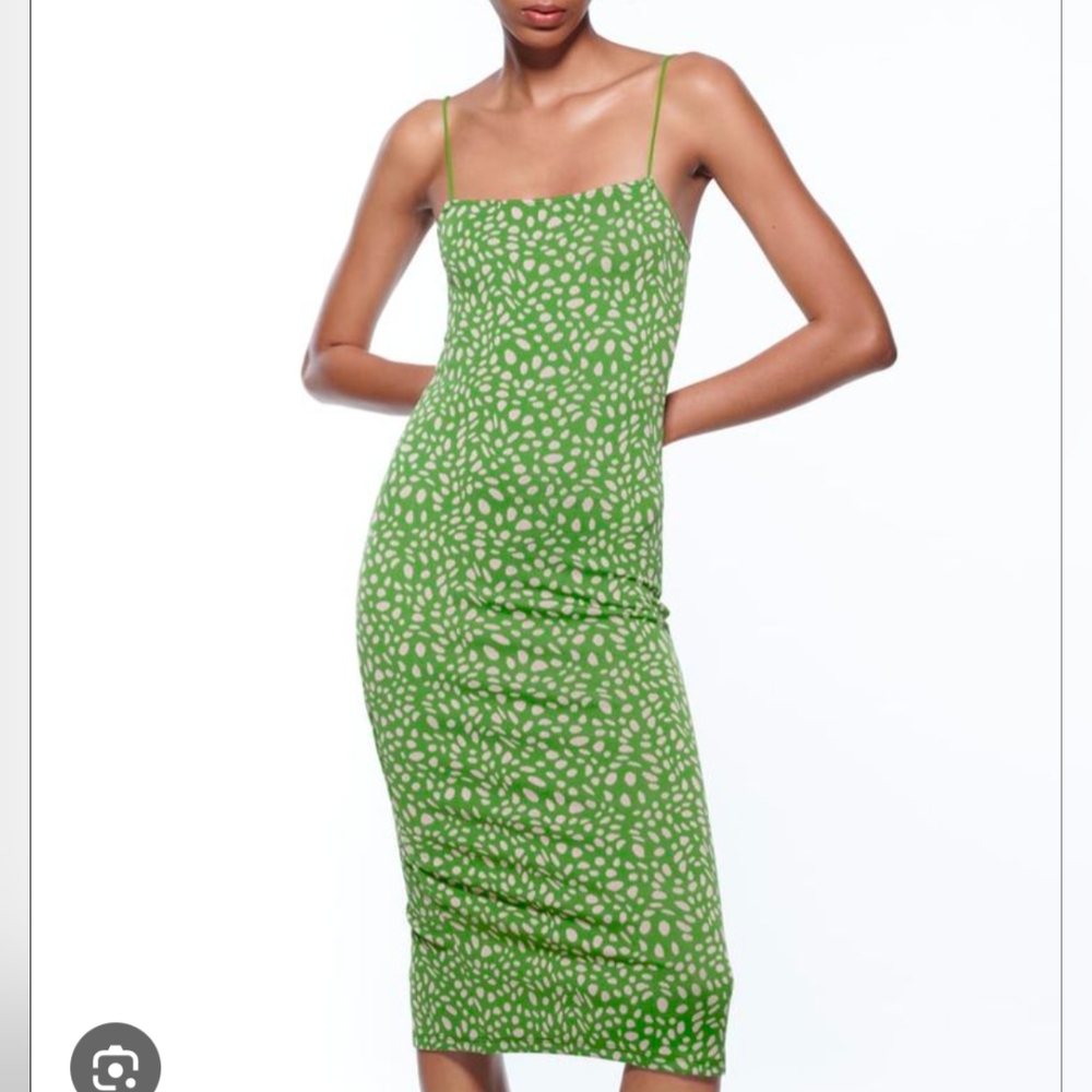 Zara M Watermelon Dress Green and Pinkish Cream Patterned Spaghetti Strap Tight